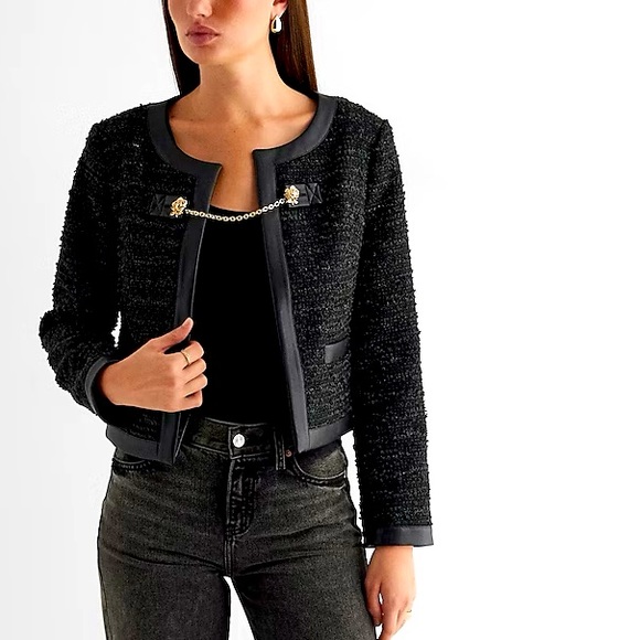 NWT Tweed Faux Leather Pieced Chain Strap Jacket - Picture 2 of 8